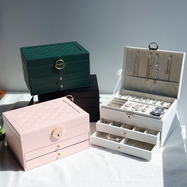 large capacity jewelry box, leather three layer drawer, jewelry storage box, gold jewelry, necklace, stud earrings, bracelet storage box